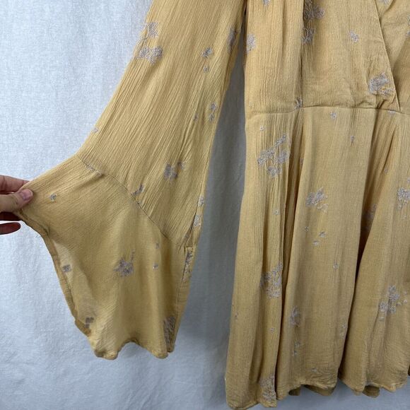 Free People Jasmine Embroidered Yellow Flare Sleeve Boho Mini Dress Womens S - Picture 7 of 15